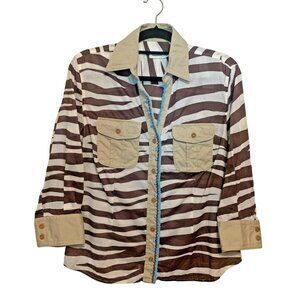 VTG Henry Cottons Top Zebra Print Blue Stones Lined placket Sz 48 L/XL Safari‎